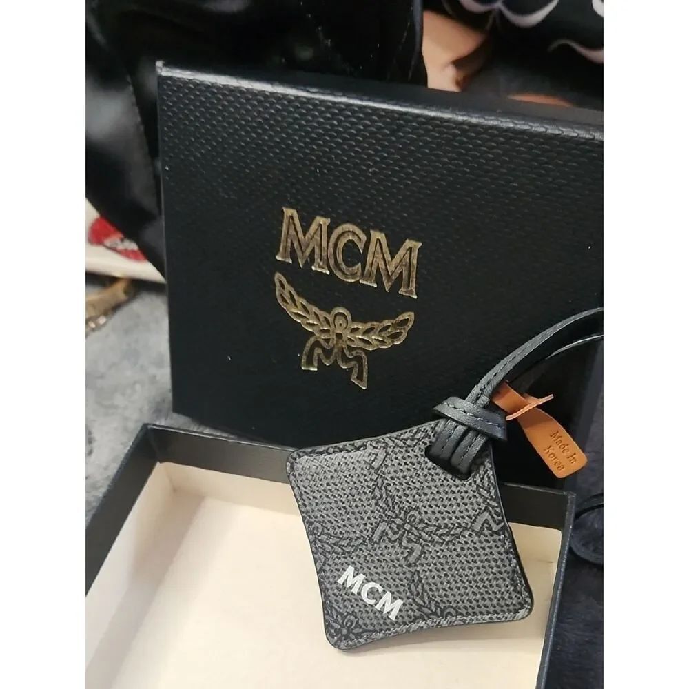 MCM Black Textured Monogram Luggage Tag with White Logo